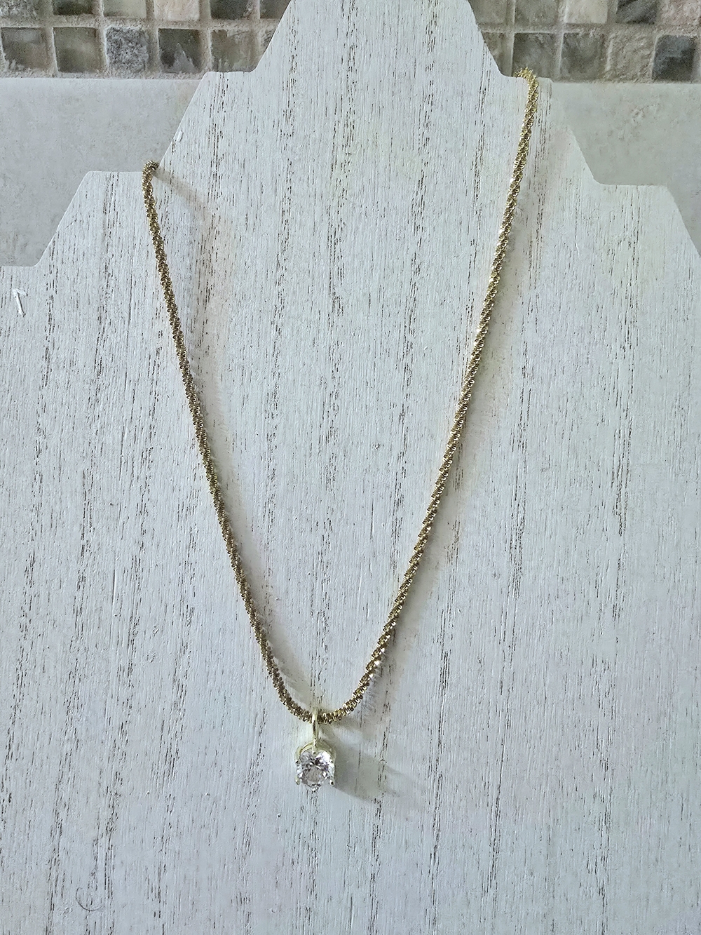 Gold Rope Chain Necklace with Single Crystal Pendant - Women Jewelry